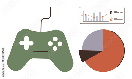 Green gaming controller, data graph with trends and pie chart emphasizing analytics, performance evaluation, or gaming trends. Ideal for technology, data, gaming, research, progress marketing