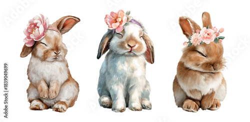 Adorable sleeping rabbit with watercolor flowers. Cute bunny set featuring spring blooms, perfect for Easter greeting cards, baby room art, or children's storybook designs.
