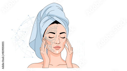 Young woman applying facial treatment with towel on head  