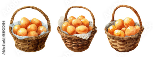 Watercolor set of baskets with eggs. Wicker baskets filled with fresh chicken eggs. Concept of rural and farm products. Symbol of Easter holidays etc. Vector illustration.