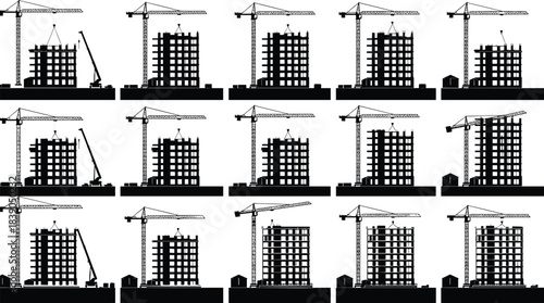 Building, construction, crane, high-rise, structure, development, industrial, architecture, workers, progress, heavy, equipment, urban, site, engineering, lifting, concrete, development, silhouette,