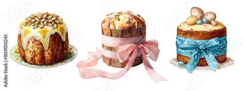 Watercolor Easter cakes and panettone desserts with ribbons, sprinkles, and icing. Spring pastry collection featuring decorated treats and colorful eggs in vintage style.