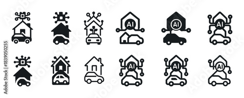 Ai smart home and vehicle automation icons illustrating technological integration