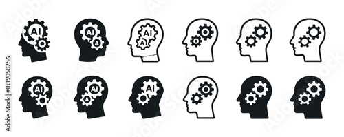 Ai and gears in human head silhouettes: artificial intelligence conceptual icons