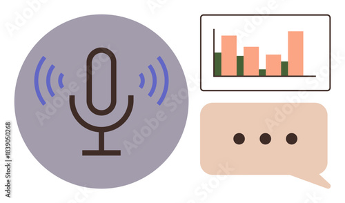 Microphone with sound waves, bar chart representing analytics, and speech bubble with ellipsis. Ideal for podcasting, communication, data analysis, technology, teamwork, content creation digital