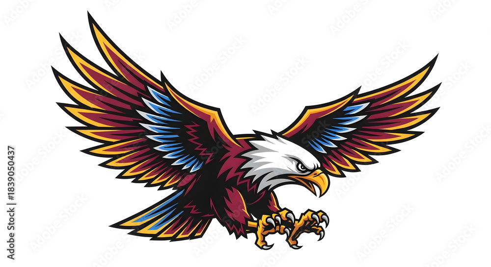 Obraz premium Illustrated eagle with outstretched wings in maroon gold and blue on a white background