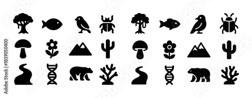 Nature icons set: trees, animals, plants, mountains, dna, cactus, bear