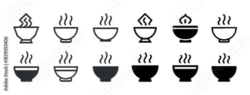 Set of twelve black and white minimalist steaming bowl icons
