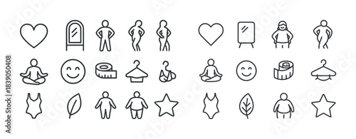 Fitness and wellbeing icons: yoga, body positivity, and self-care symbols