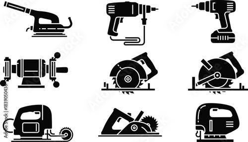 Construction power tools, drill, jigsaw, circular saw, grinder, industrial equipment, woodworking, DIY tools, silhouette icons for engineering, workshop, hardware industry