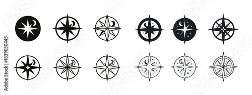 Set of nautical compass symbols with star and moon elements