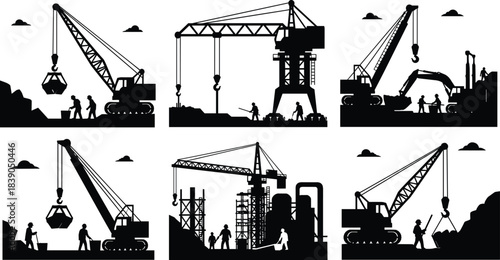 Construction machinery silhouette vector icon set, bulldozer, excavator, dump truck, forklift, tower crane, and farm tractor heavy equipment collection.