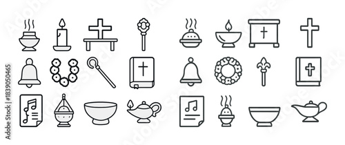 Religious symbols outline: crosses, bells, books, candles, incense