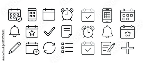Calendar and checklist icons set: alarms, notifications, and tasks