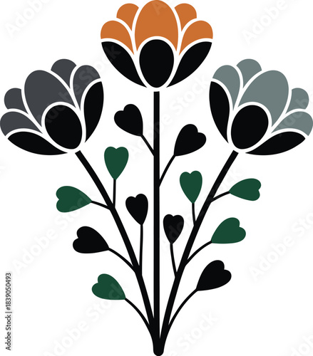 Stylized floral arrangement with orange gray and green flowers