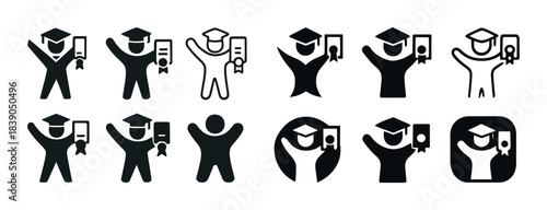 Graduation icon set showing various celebratory poses and diploma holders