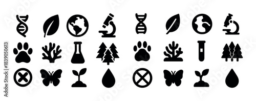 Science and nature icons: dna, ecology, microscope, lab, trees, animals