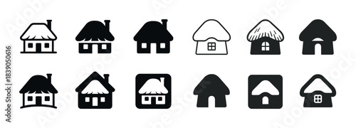 Collection of black and white simplified house icons with thatched roofs