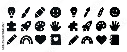 Creative icon set: art tools, emojis, puzzles, rockets, hearts, rainbows