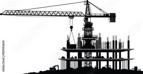 Construction, crane, tower, building, site, silhouette, industrial, engineering, structure, development, infrastructure, architecture, heavy, equipment, workers, urban, city, construction,