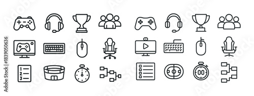 Gaming and esports icons featuring controllers, headphones, trophies, keyboards, chairs, and more