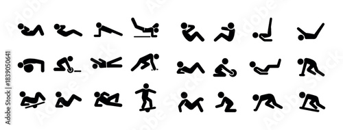 Twenty stick figure workout poses in various exercise positions