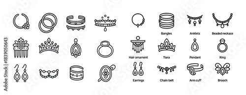 Elegant jewelry line icons: tiaras, bangles, earrings, pendants, brooches