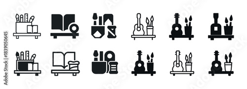 Artistic icons of supplies, books, cosmetics, instruments, and plants in black and white