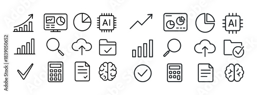 Minimalistic line icons of business analytics and artificial intelligence