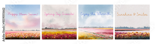 Watercolor spring tulip fields with colorful flowers blooming under a sunny sky. A set of hand-drawn spring greeting cards with blooming field landscapes. Vector Illustration.