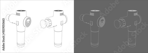 Isometric Wireframe Illustration of Handheld Massage Gun for Muscle Recovery