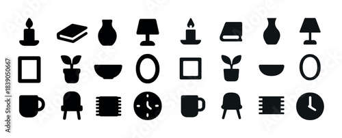 Silhouette icons of household items and decor elements in black