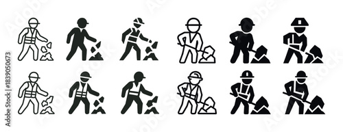 Construction worker icon set: black and white pictograms with safety gear and tools
