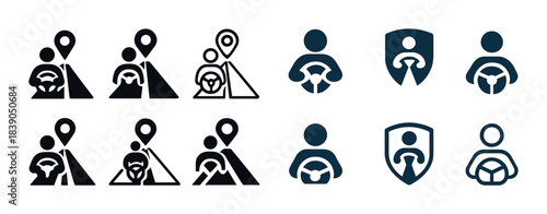 Carpool and ride-sharing icons: location and driver safety symbols