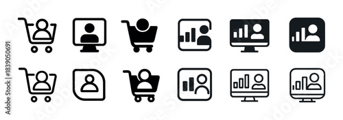 E-commerce and data analytics icons: shopping carts, user profiles, and graphs