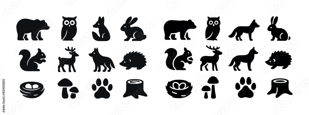 Obraz premium Silhouette icons of forest wildlife animals and nature elements