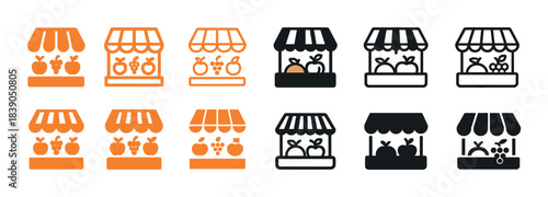 Set of market stall icons with fruits and vegetables in orange and black