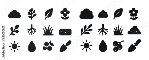 Black silhouette nature icons set: clouds, leaves, flowers, gardening tools, sun, water drops