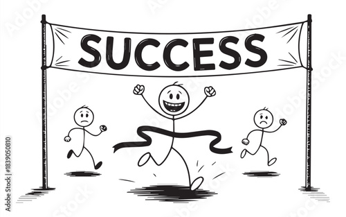 Achieve success as a stick figure crosses the finish line feeling overjoyed, others struggle with their race in this finish line concept design