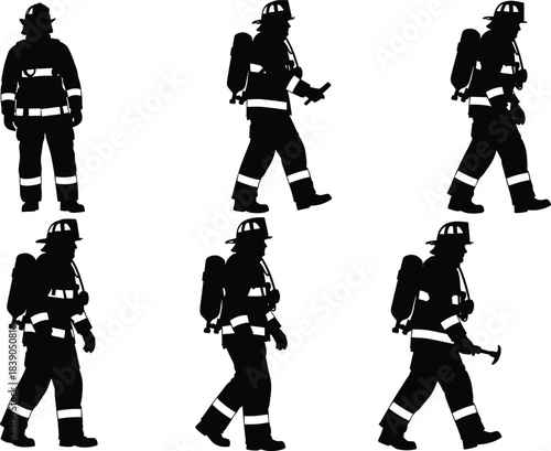 Firefighter silhouette vector icons set, fireman in protective gear, rescue worker walking pose, emergency professional, and breathing apparatus illustration.