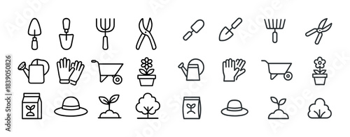 Garden tool and plant line icons collection