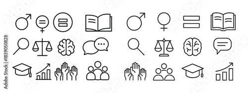 Gender and education icons: magnifying glass, brain, scales, speech, book, graduation cap, bar graph