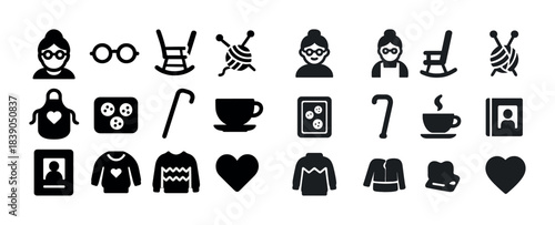 Grandma icons set: knitting, rocking chair, tea cup, heart, sweater