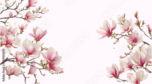 Watercolor pink magnolia flowers blooming on branches with gentle petals and buds, framing a light design against a soft background for spring themes