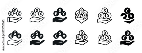 Currency exchange icons with dollar, euro, yen symbols in hand design