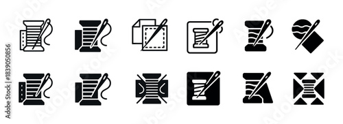 Collection of sewing and needle icons: spool, needle, fabric, thread