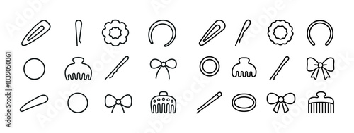Collection of simple hair accessories icons: clips, pins, bows, combs, headbands