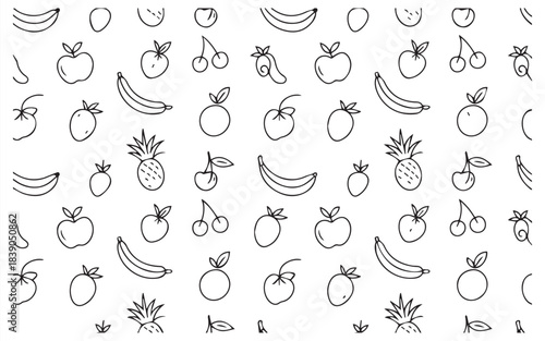Adorable fruit pattern showcasing hand drawn bananas, apples, oranges, and cherries for playful designs or backgrounds, adding a touch of whimsy