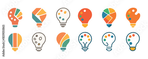 Creative light bulb icons with colorful designs in various shapes
