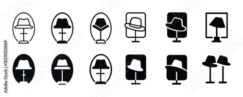 Variety of hat displays: icons of fedoras on stands in different styles